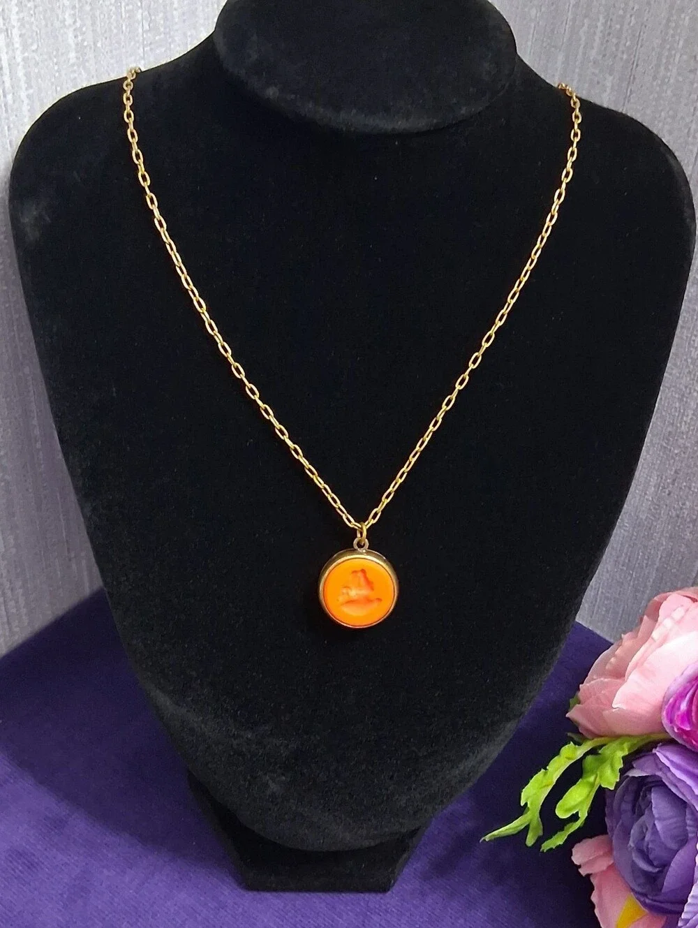 Vintage EXTASIA Intaglio Cameo Necklace Orange Coral Opaque Glass Artisan Made